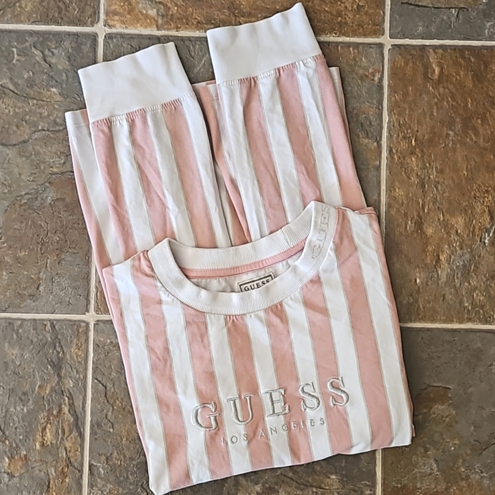 Guess Pink and White Striped Long Sleeve Tee